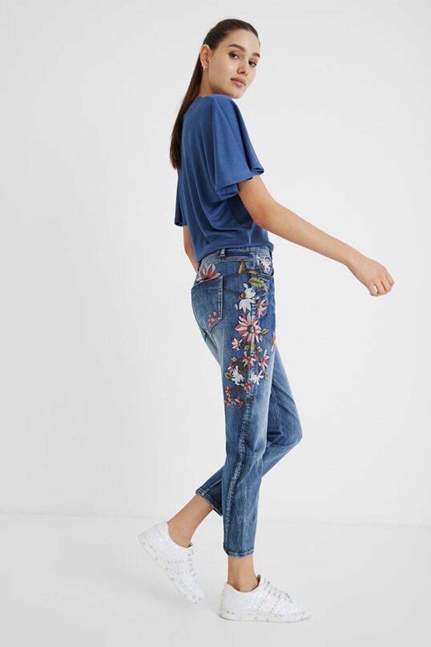 Desigual Dark Wash Denim Floral Embroidered Cropped Ankle Jeans Size 30
